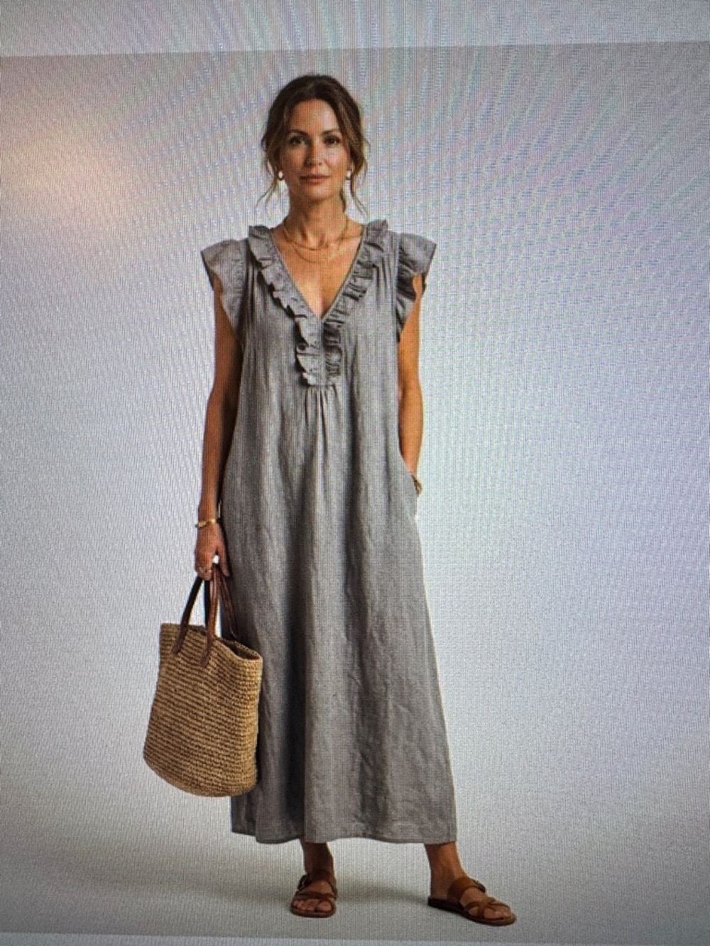 Josette Ruffled V-Neck Maxi Dress - Slate Gray size medium